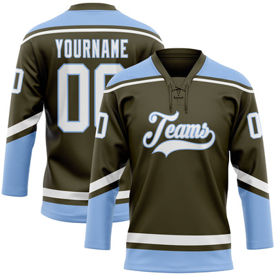 Custom Olive White-Light Blue Salute To Service Hockey Lace Neck Jersey