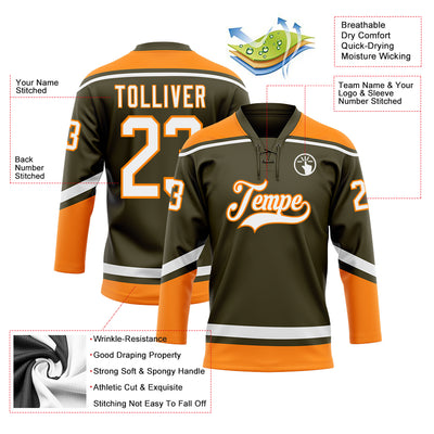 Custom Olive White-Bay Orange Salute To Service Hockey Lace Neck Jersey