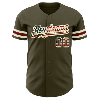 Custom Olive Vintage USA Flag Cream-Crimson Authentic Salute To Service Baseball Jersey