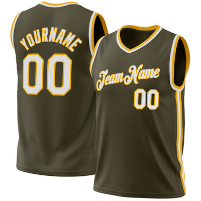 Custom Olive White-Gold Authentic Throwback Salute To Service Basketball Jersey