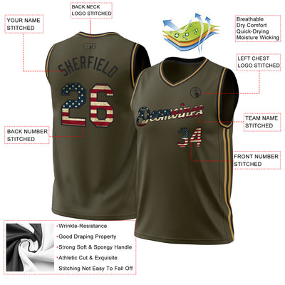 Custom Olive Vintage USA Flag Black-Old Gold Authentic Throwback Salute To Service Basketball Jersey