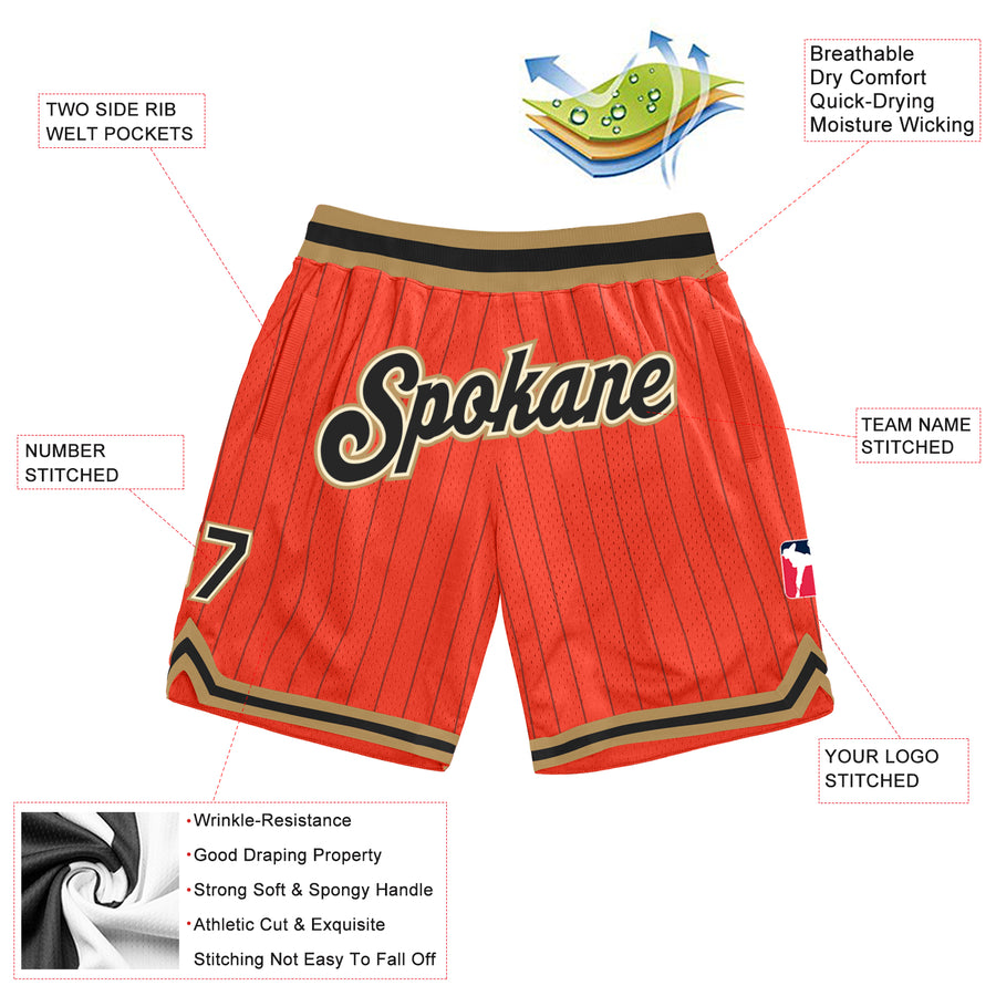 Custom Orange Black Pinstripe Black-Old Gold Authentic Basketball Shorts