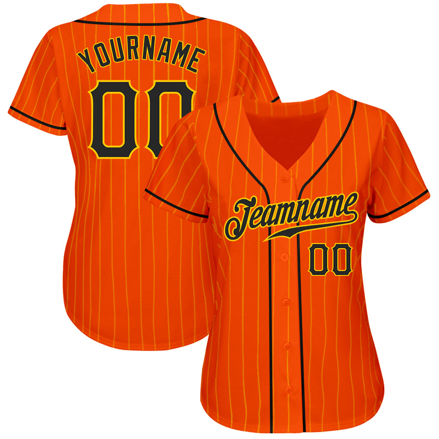 Custom Orange Gold Pinstripe Black-Gold Authentic Baseball Jersey