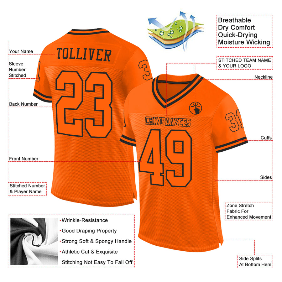 Custom Orange Orange-Black Mesh Authentic Throwback Football Jersey