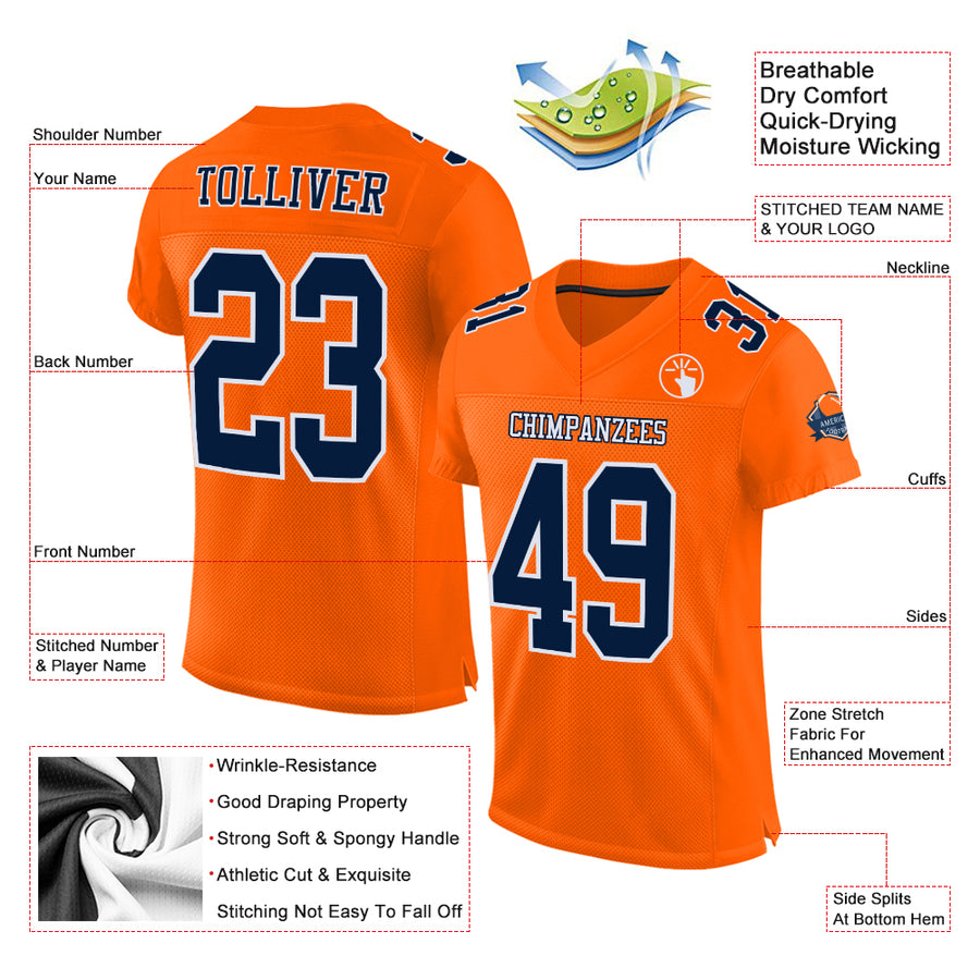 Custom Orange Navy-White Mesh Authentic Football Jersey