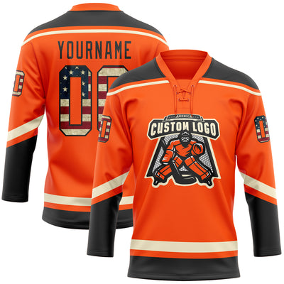 Custom Orange Vintage USA Flag Black-Cream Hockey Lace Neck Jersey