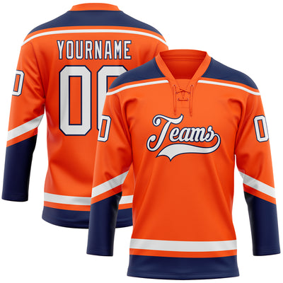 Custom Orange White-Navy Hockey Lace Neck Jersey