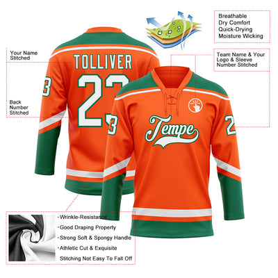 Custom Orange White-Kelly Green Hockey Lace Neck Jersey