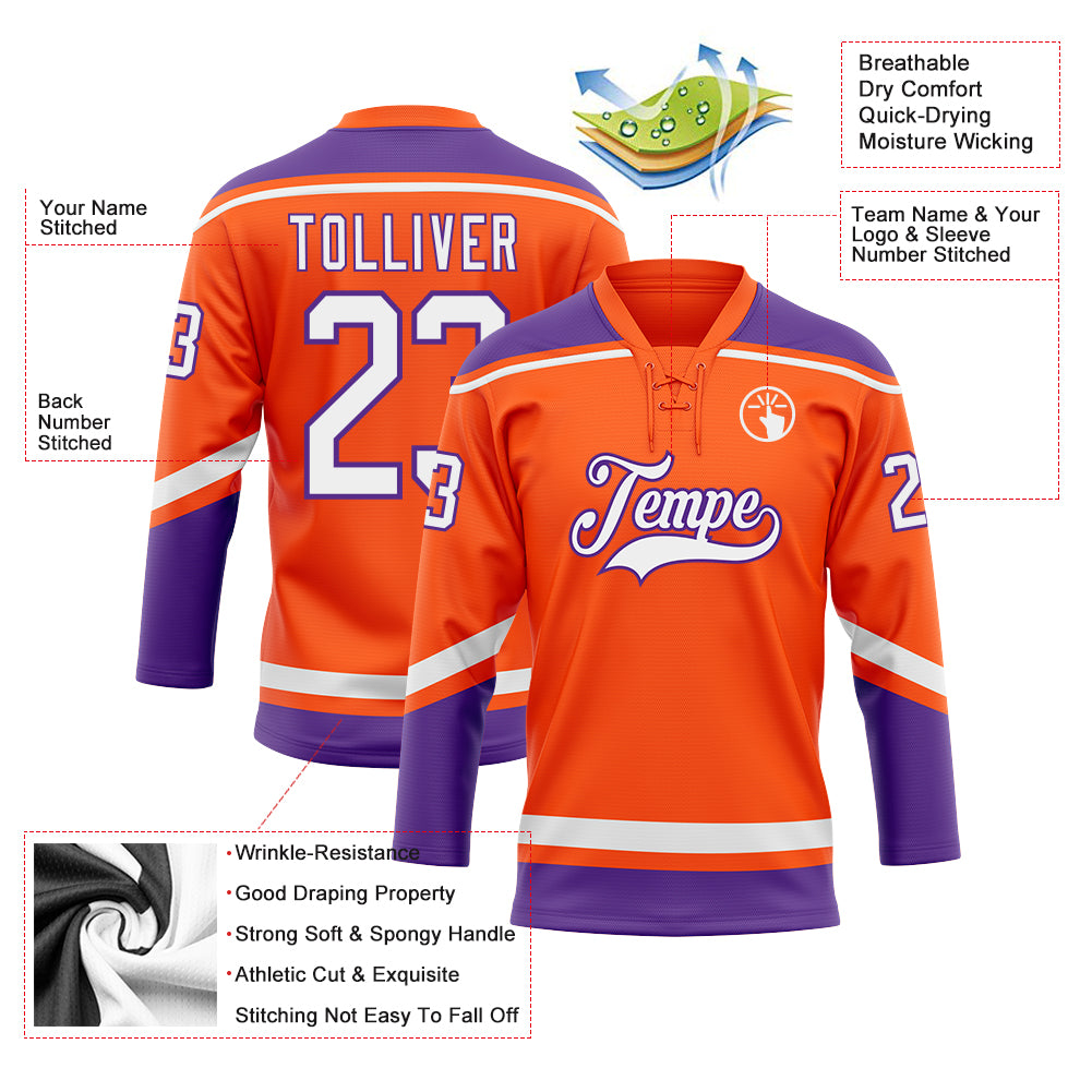 Custom Hockey Jersey White Orange-Purple Hockey Lace Neck Jersey Men's Size:L