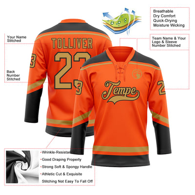 Custom Orange Old Gold-Black Hockey Lace Neck Jersey