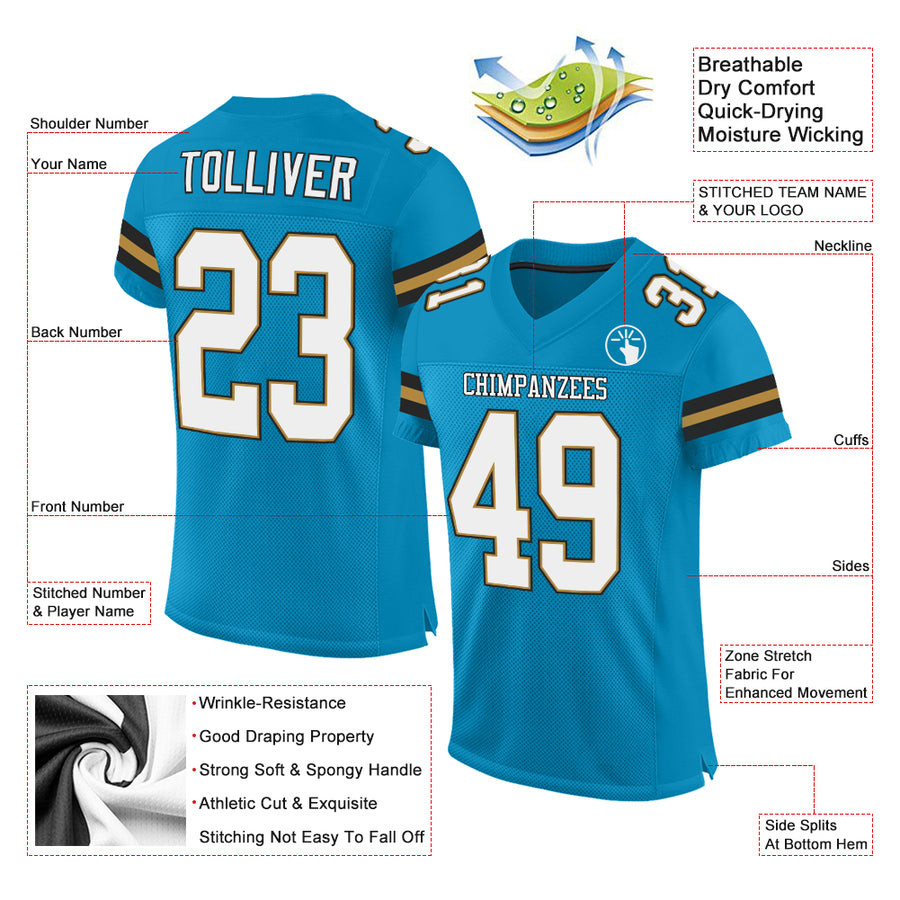 Custom Panther Blue White-Old Gold Mesh Authentic Football Jersey