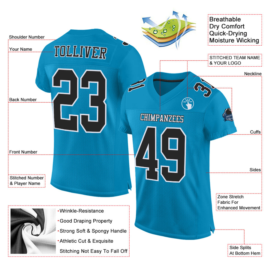 Custom Panther Blue Black-White Mesh Authentic Football Jersey