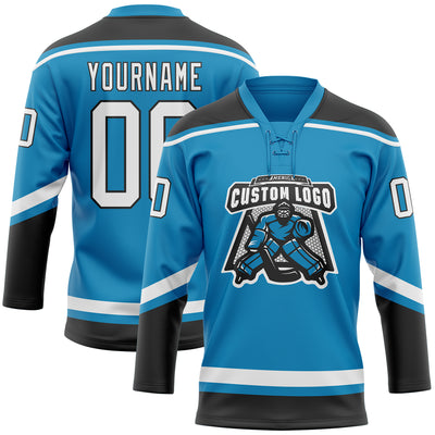 Custom Panther Blue White-Black Hockey Lace Neck Jersey