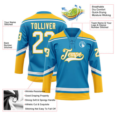 Custom Panther Blue White-Gold Hockey Lace Neck Jersey