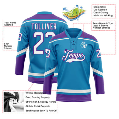 Custom Panther Blue White-Purple Hockey Lace Neck Jersey