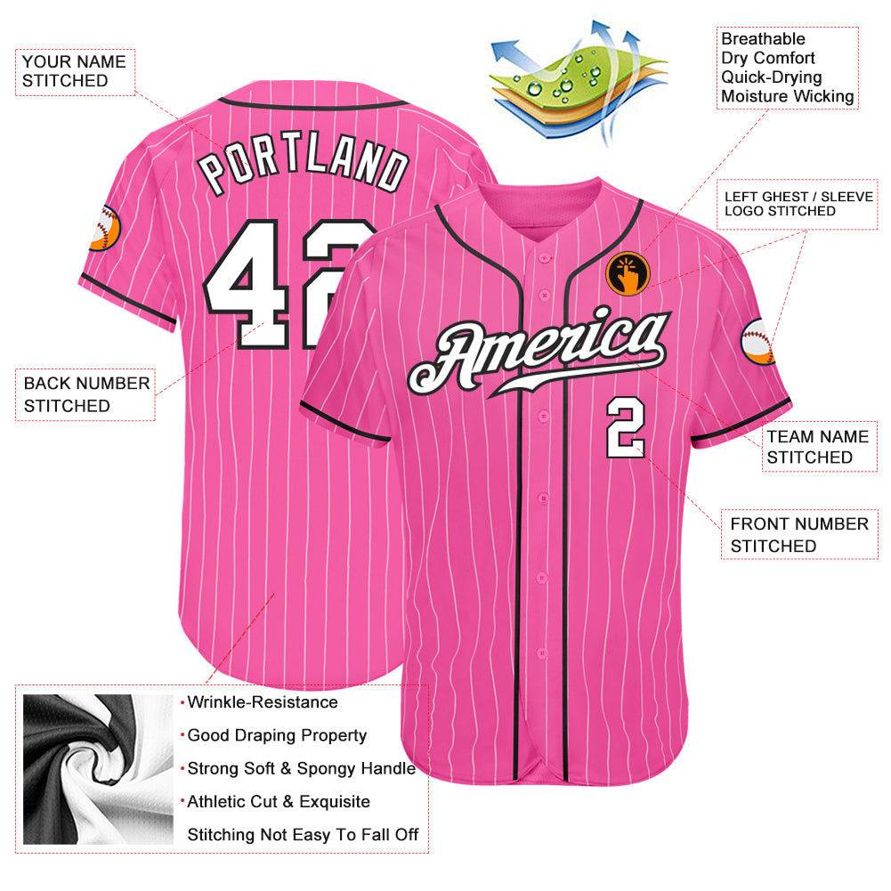 Custom Pink White Pinstripe White-Black Authentic Baseball Jersey