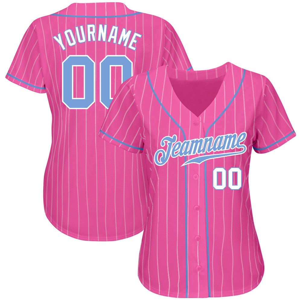 Custom Pink White Pinstripe Light Blue-White Authentic Baseball Jersey