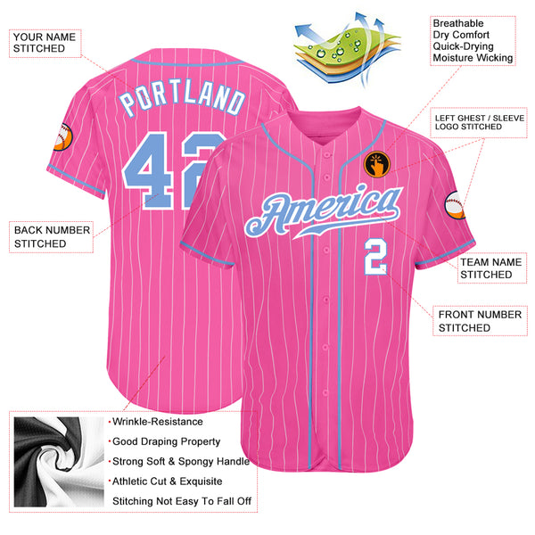 Custom Pink White Pinstripe Light Blue-White Authentic Baseball Jersey