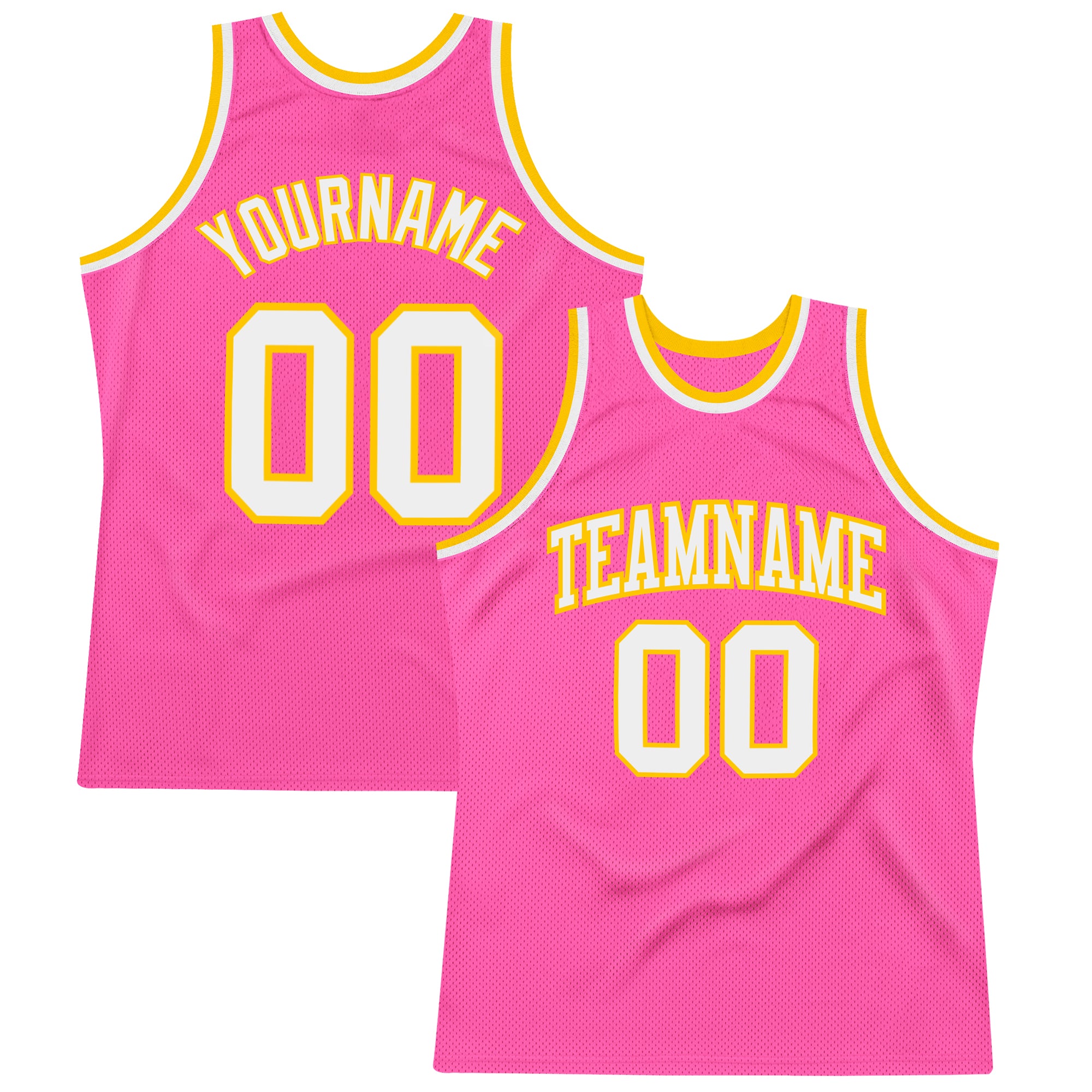 Custom Pink White-Gold Authentic Throwback Basketball Jersey