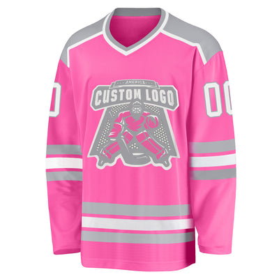 Custom Pink White-Gray Hockey Jersey