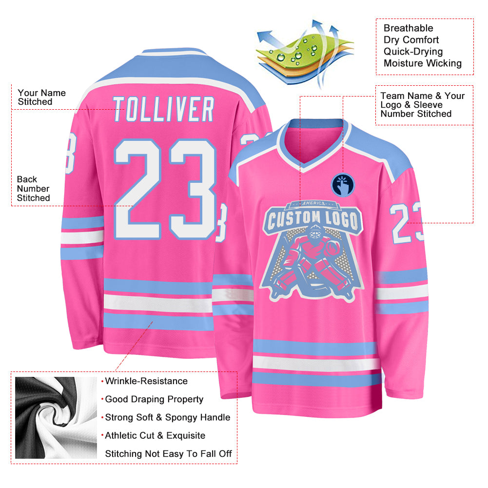 Custom Pink White-Light Blue Hockey Jersey