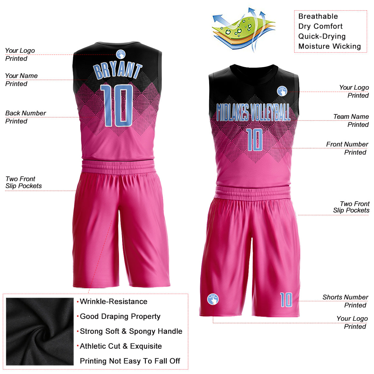 FANSIDEA Custom Pink White-Light Blue Round Neck Rib-Knit Basketball Jersey Youth Size:XL