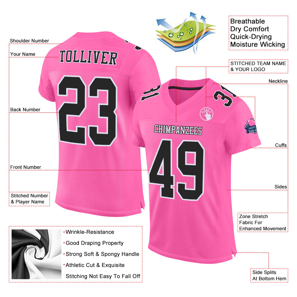 Custom Pink Black-White Mesh Authentic Football Jersey