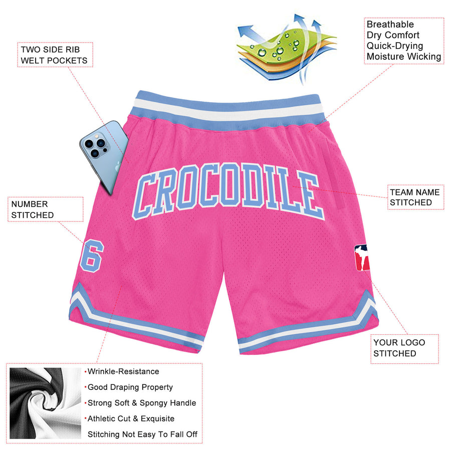 Custom Pink Light Blue-White Authentic Throwback Basketball Shorts