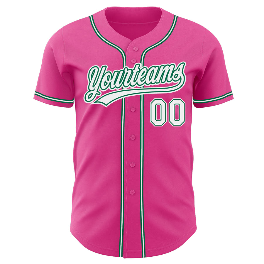 Custom Pink White-Kelly Green Authentic Baseball Jersey