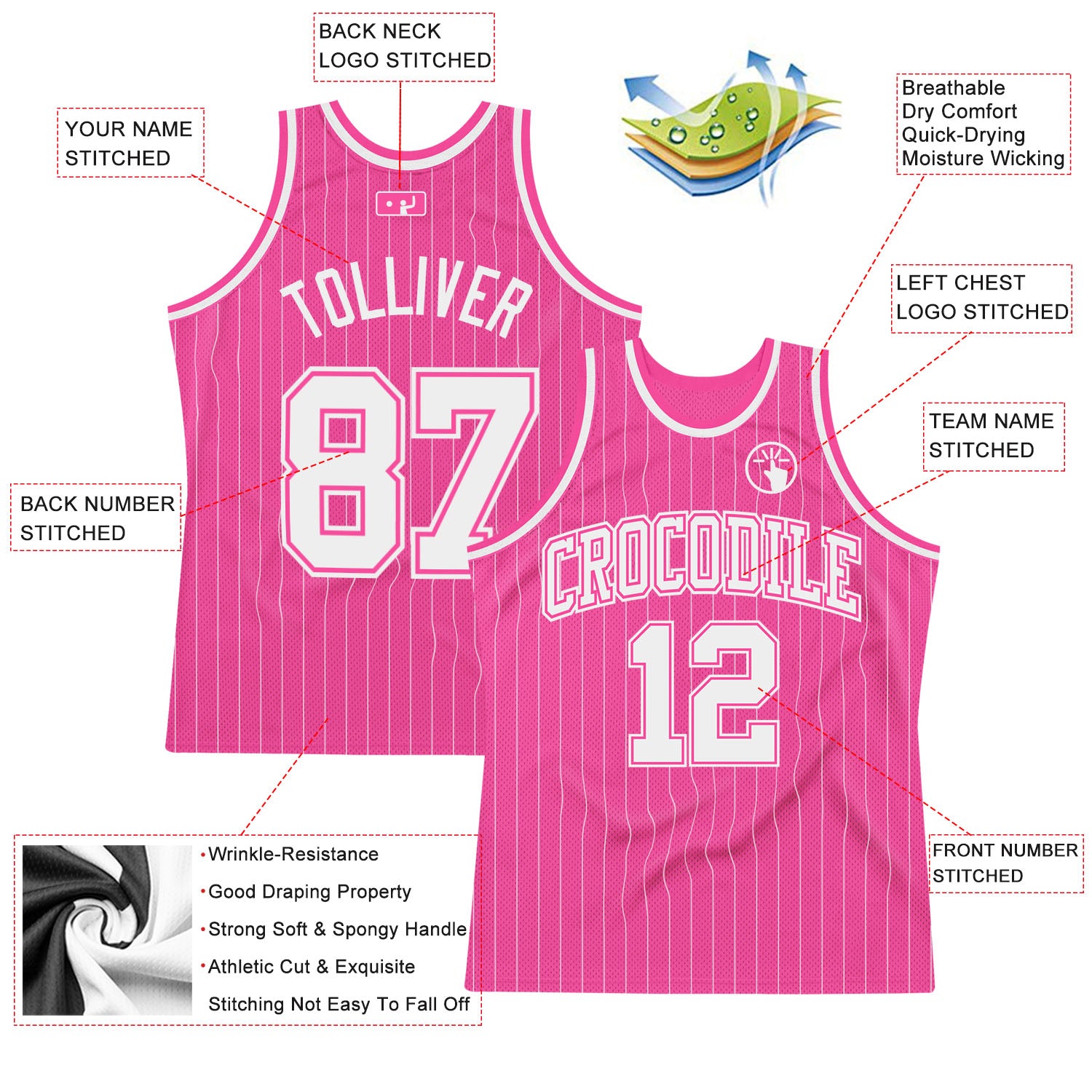 Custom Pink White Pinstripe White-Pink Authentic Basketball Jersey