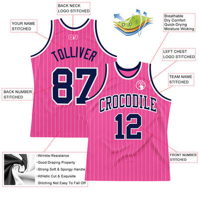 Custom Pink White Pinstripe Navy-White Authentic Basketball Jersey