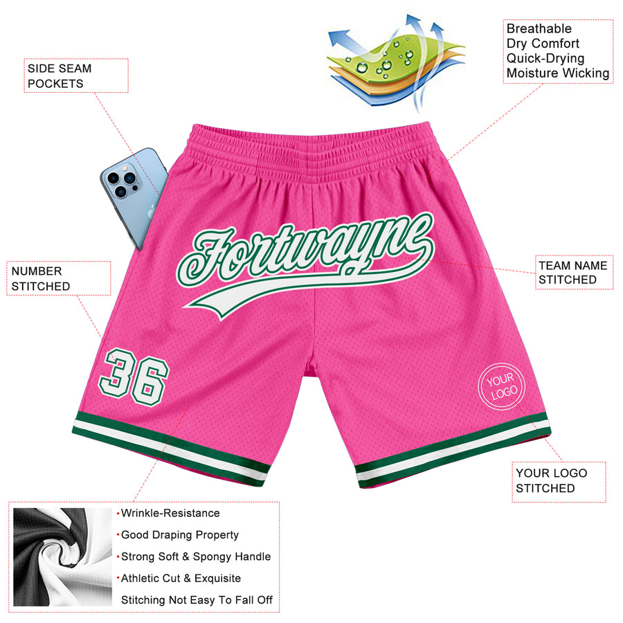 Custom Pink White-Kelly Green Authentic Throwback Basketball Shorts