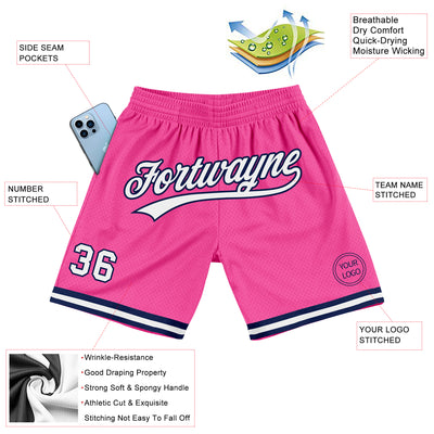 Custom Pink White-Navy Authentic Throwback Basketball Shorts