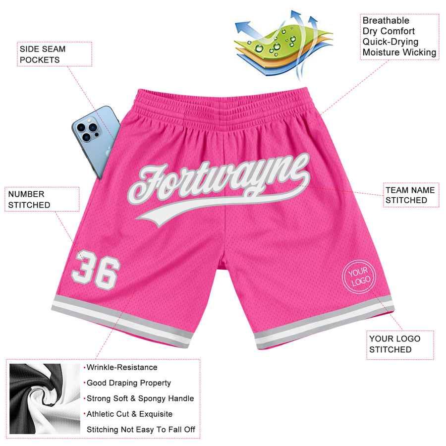 Custom Pink White-Gray Authentic Throwback Basketball Shorts