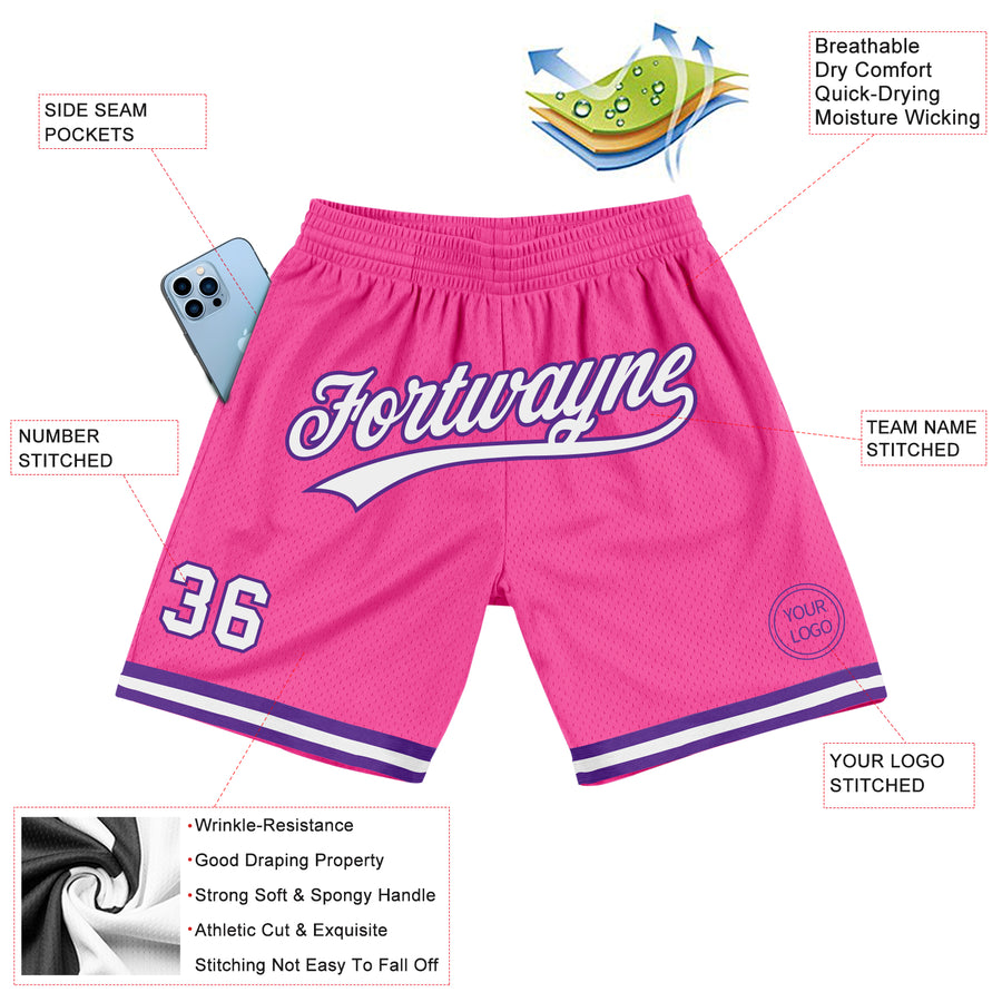 Custom Pink White-Purple Authentic Throwback Basketball Shorts