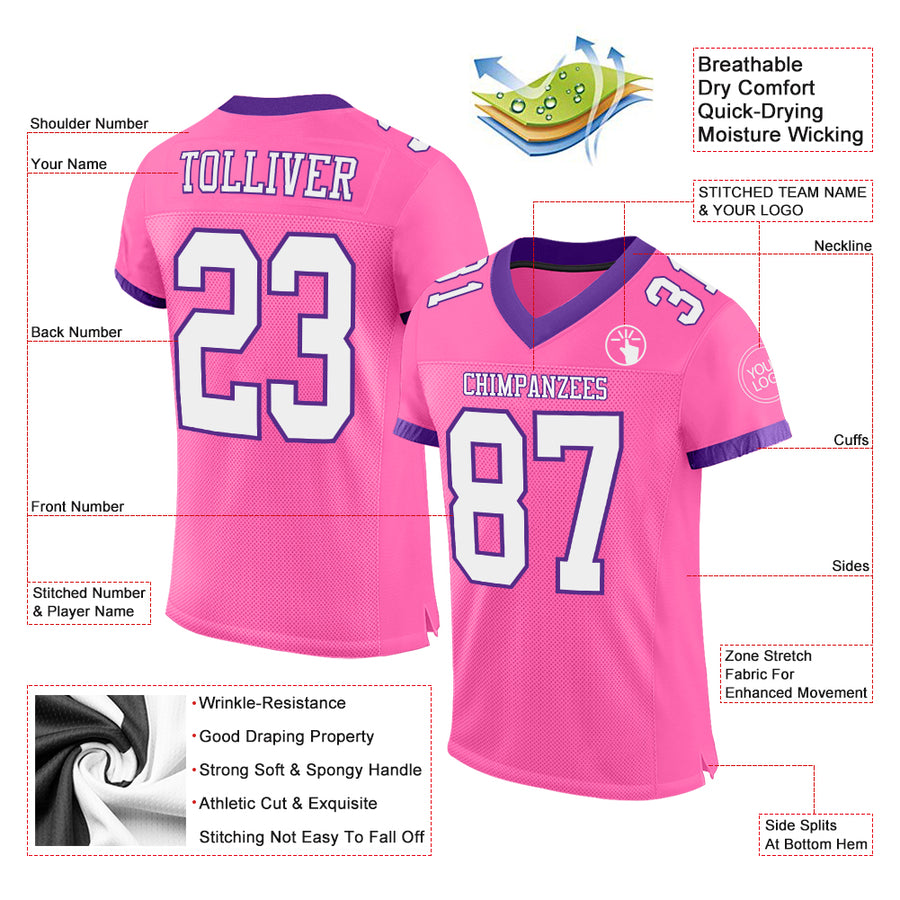 Custom Pink White-Purple Mesh Authentic Football Jersey