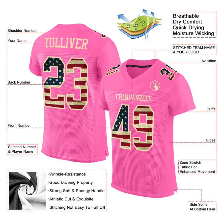 Custom Pink Vintage USA Flag-City Cream Mesh Authentic Football Jersey