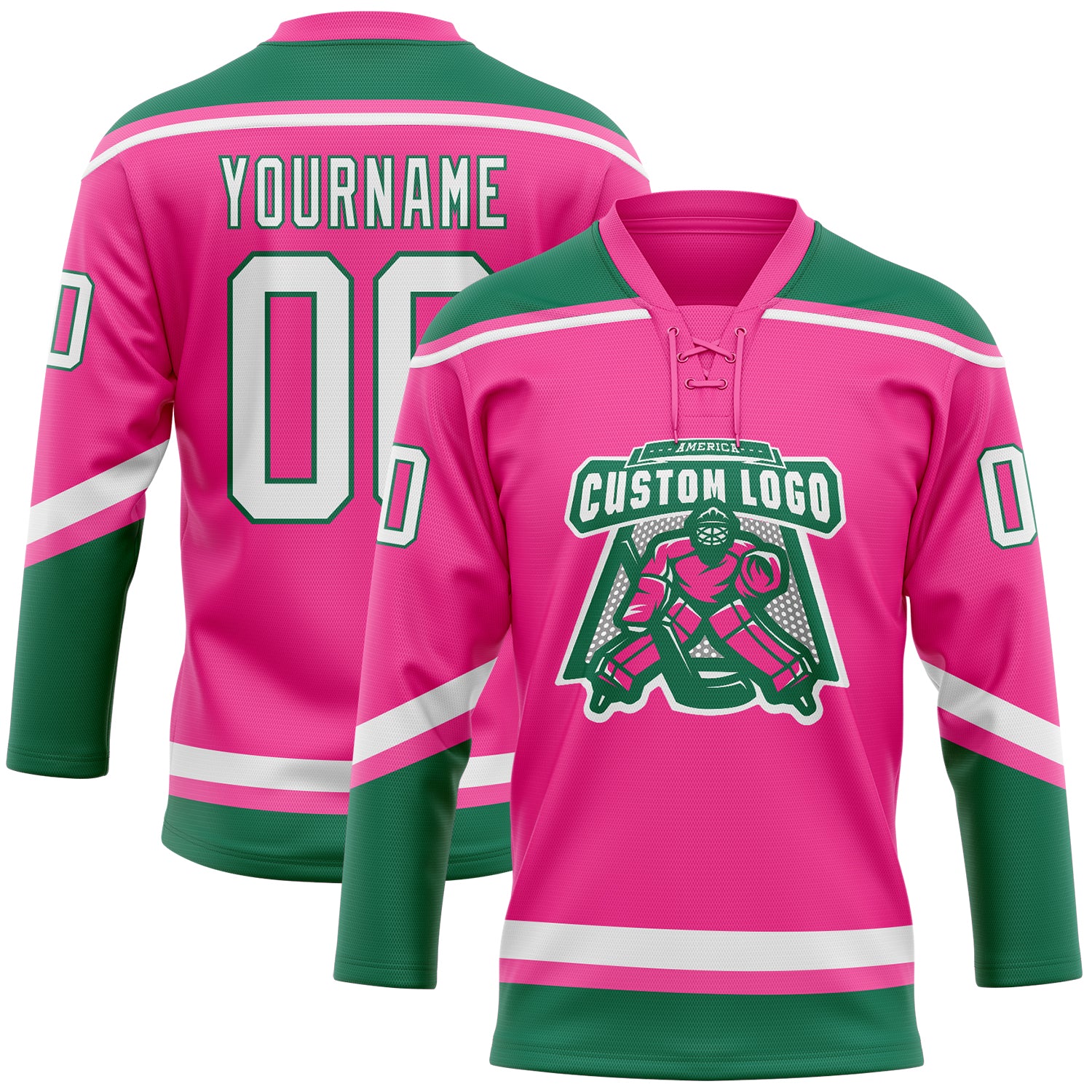 Custom lace neck Hockey Lace Neck Jersey White Pink-Kelly Green