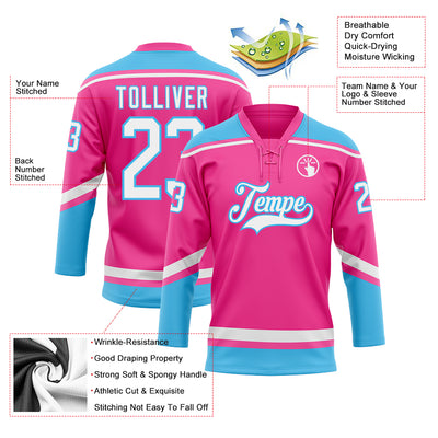 Custom Pink White-Sky Blue Hockey Lace Neck Jersey