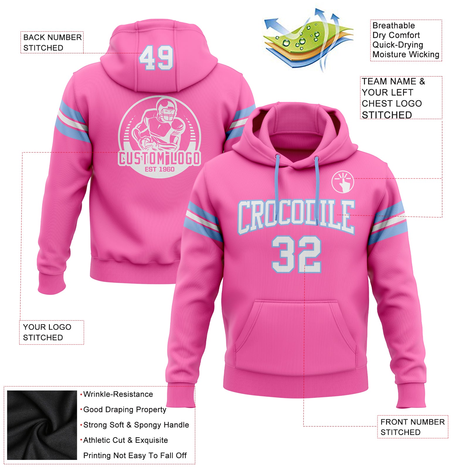 Custom Stitched Pink White-Light Blue Football Pullover Sweatshirt Hoodie