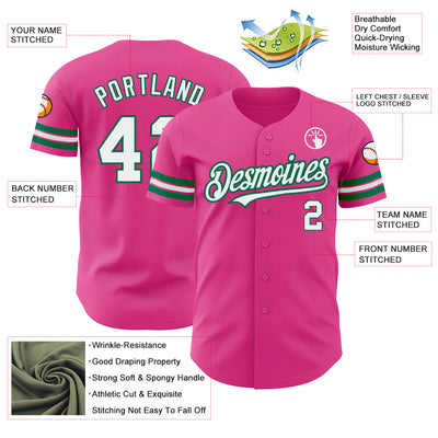 Custom Pink White-Kelly Green Authentic Baseball Jersey