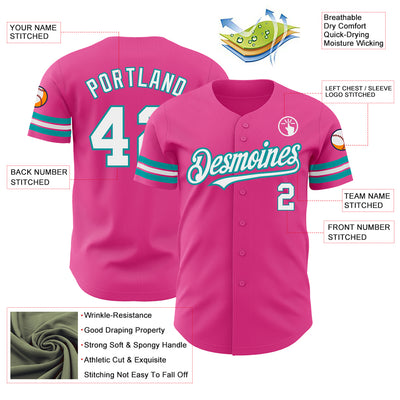 Custom Pink White-Teal Authentic Baseball Jersey