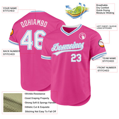 Custom Pink White-Light Blue Authentic Throwback Baseball Jersey