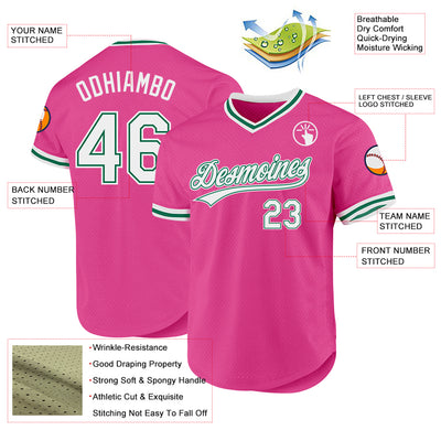 Custom Pink White-Kelly Green Authentic Throwback Baseball Jersey