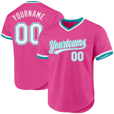 Custom Pink White-Teal Authentic Throwback Baseball Jersey