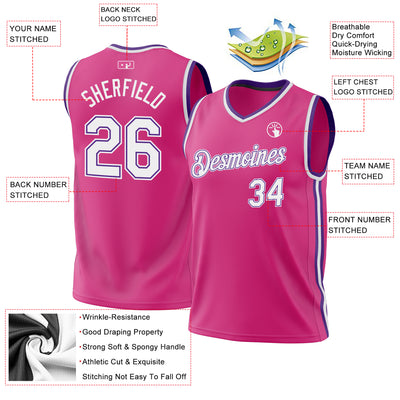 Custom Pink White-Purple Authentic Throwback Basketball Jersey