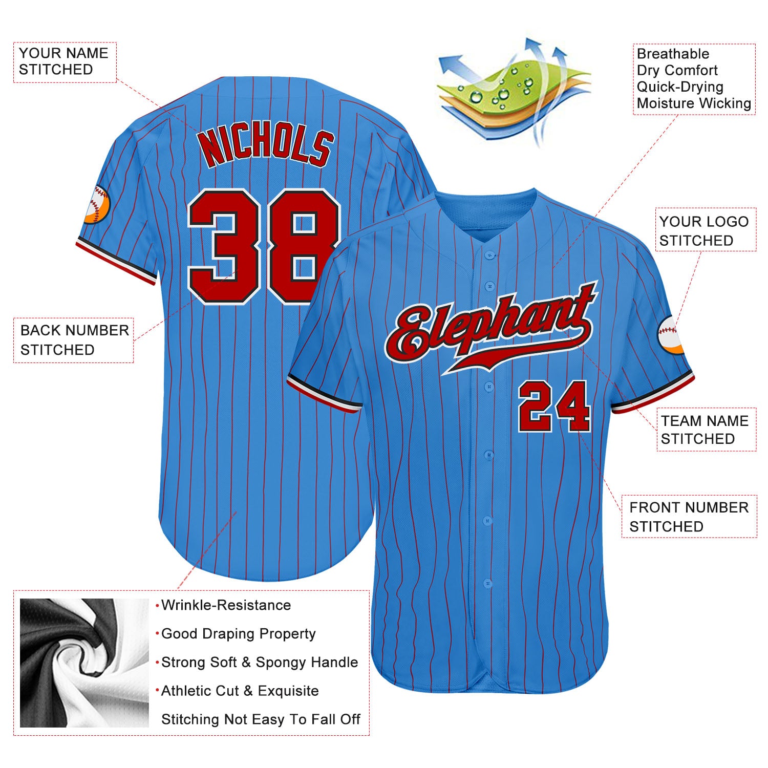 Custom Powder Blue Red Pinstripe Red-Black Authentic Baseball Jersey