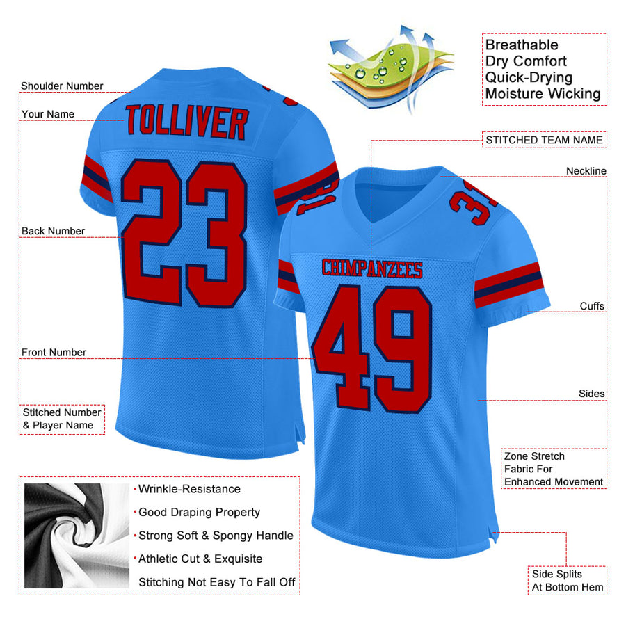 Custom Powder Blue Red-Navy Mesh Authentic Football Jersey