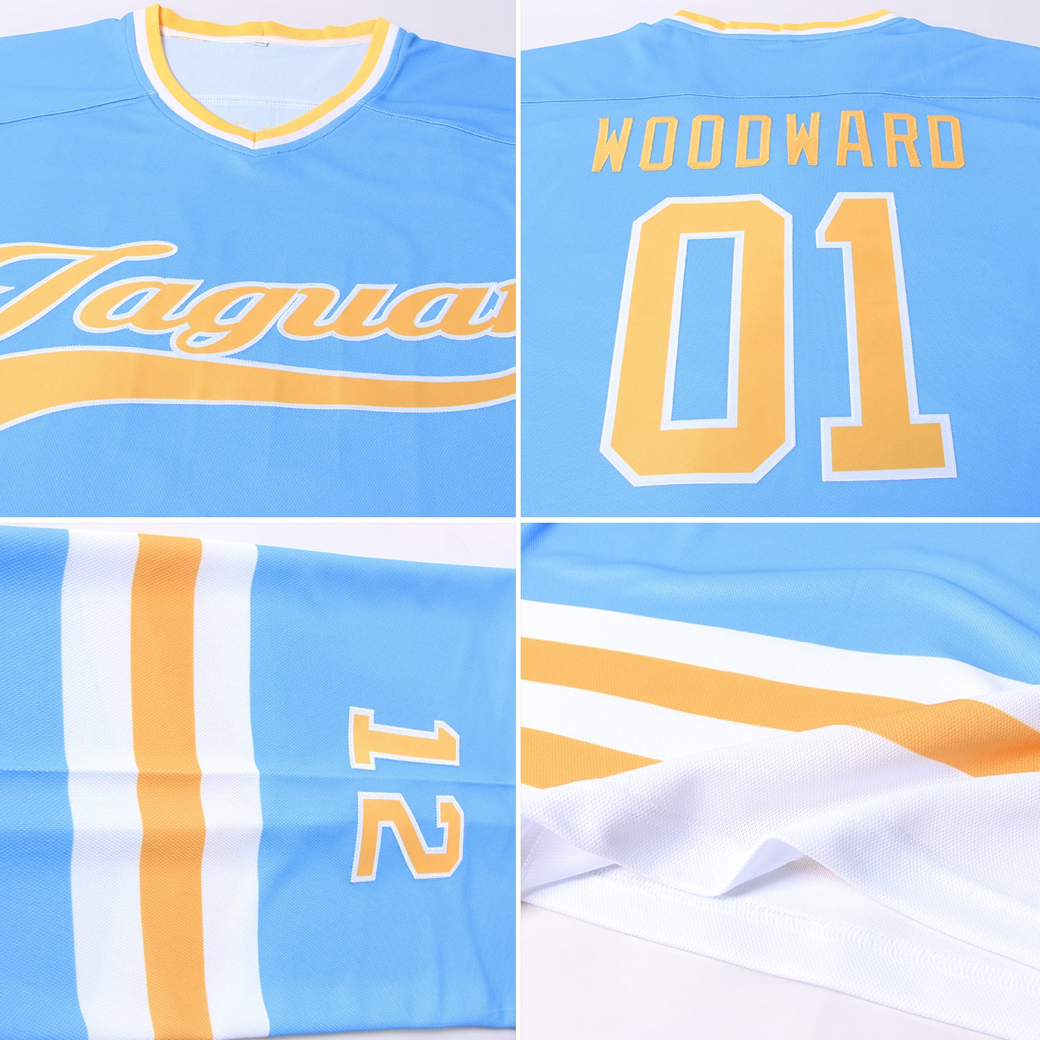 Custom Powder Blue Gold-White Hockey Jersey