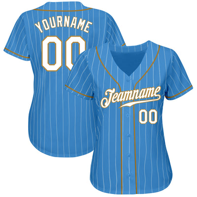 Custom Powder Blue White Pinstripe White-Old Gold Authentic Baseball Jersey